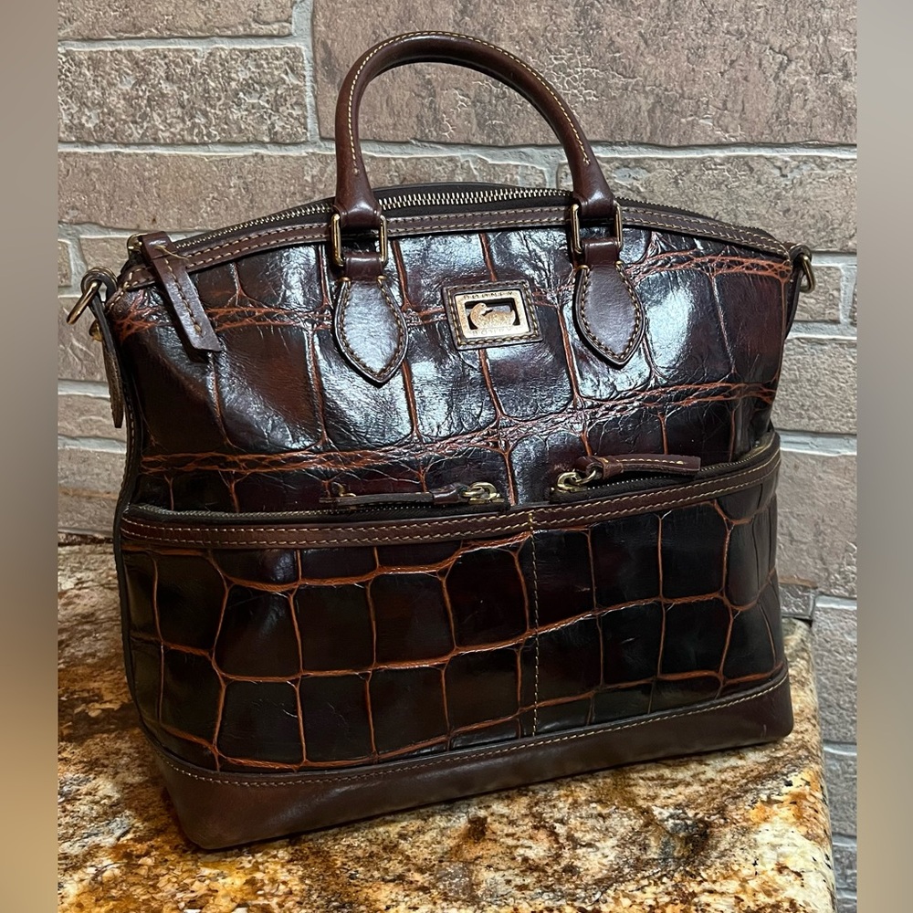 Dooney & Bourke Dillen Croco Embossed Double Pocket Satchel Brown Leather Bag.